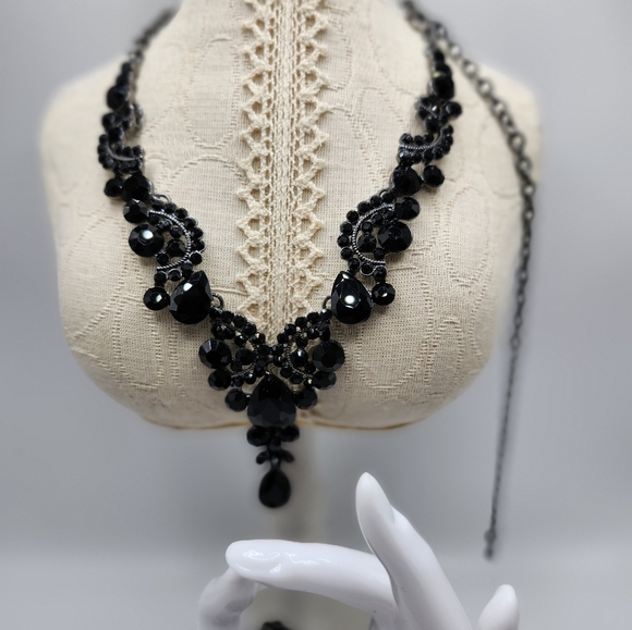Black Rhinestone studded necklace and matching bracelet.   Statement set! - Picture 2 of 8